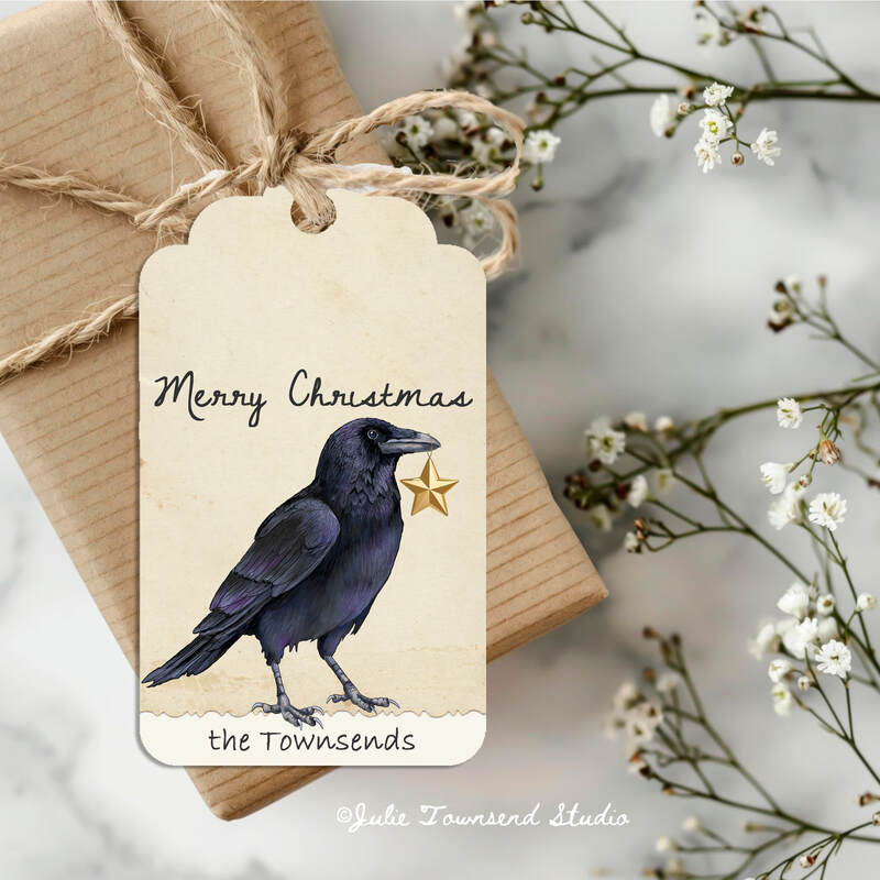 Gift Tags - Crow with a Gold Star - set of 8 handmade gift tags