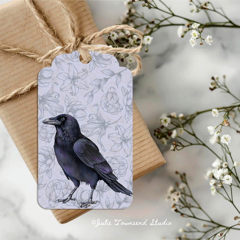 Gift Tags - Crow on Floral - set of 8 handmade gift tags