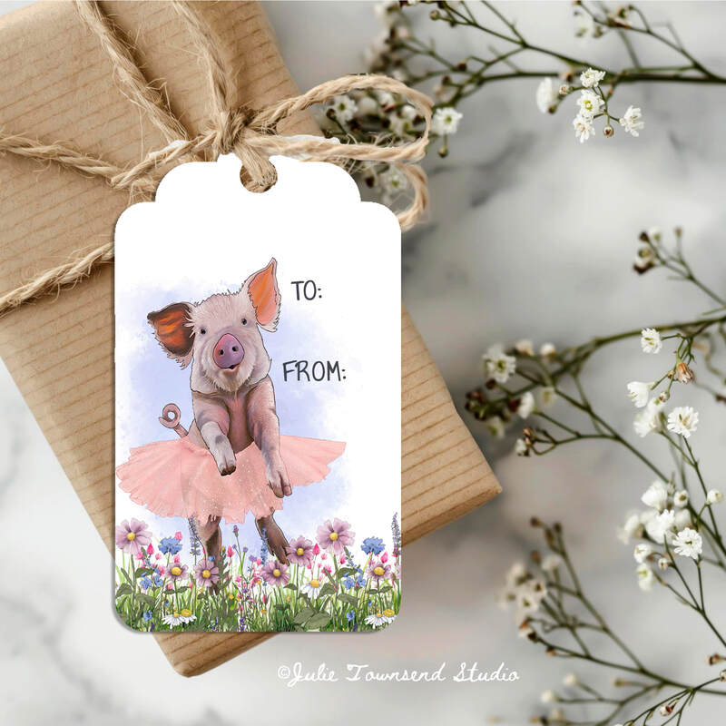 Gift Tags - Cute Pig Ballerina Tags -  set of 8 handmade gift tags