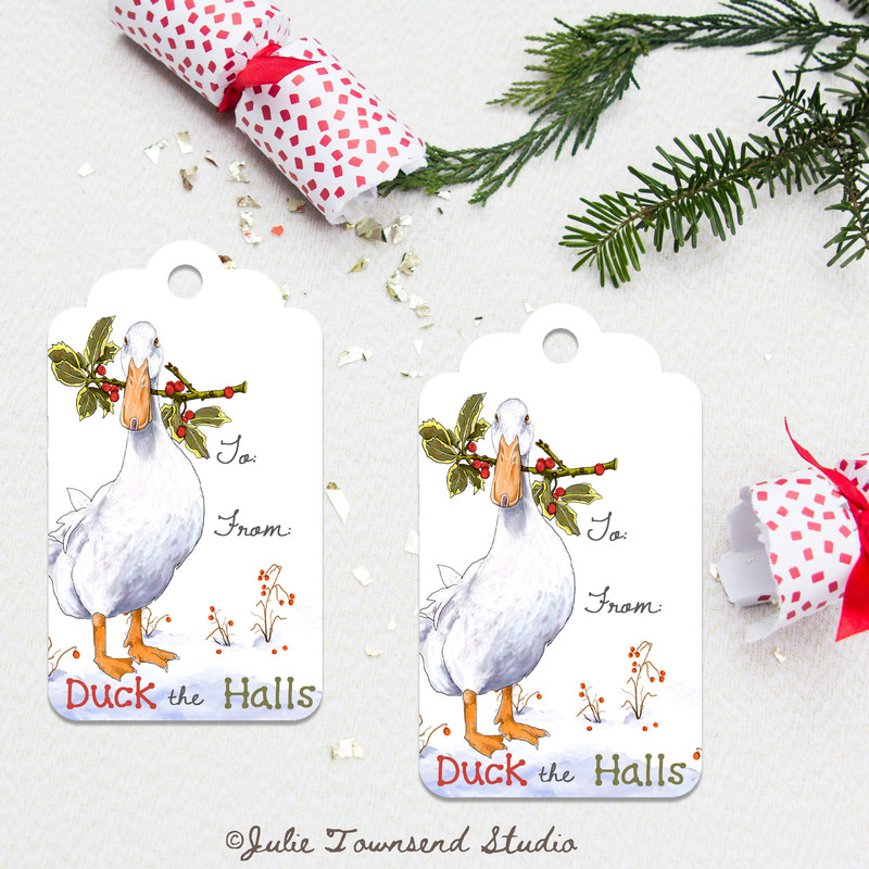 Gift Tags -Duck the Halls Christmas Tags -  set of 8 handmade gift tags